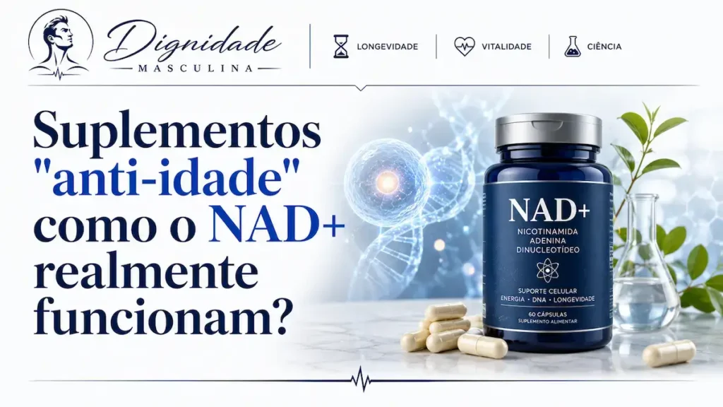 Suplementos NAD longevidade masculina, cápsulas e frasco sobre mesa