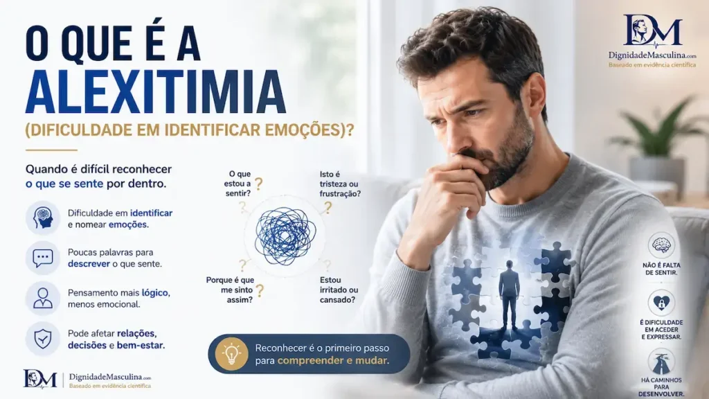 Homem com dificuldade em identificar e expressar as suas emoções, alexitimia.