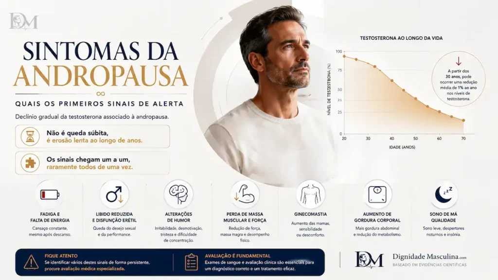 Declínio gradual da testosterona associado à andropausa.
'Não é queda súbita, é erosão lenta ao longo de anos' 'Os sinais chegam um a um, raramente todos de uma vez'