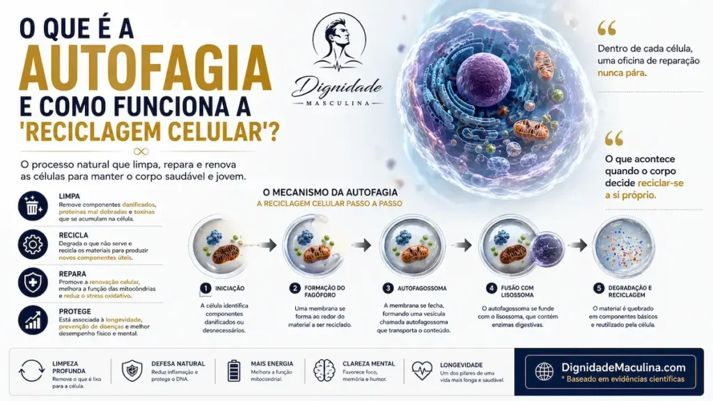 Mecanismo da autofagia explicado, reciclagem dentro da célula.