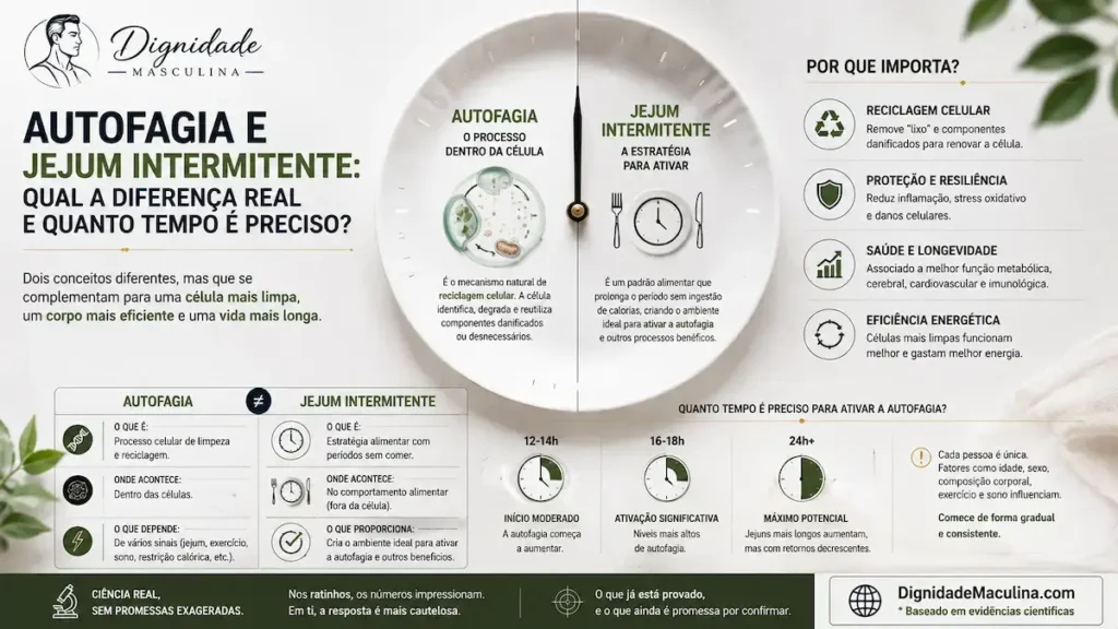 Diferença entre autofagia e jejum intermitente explicada.