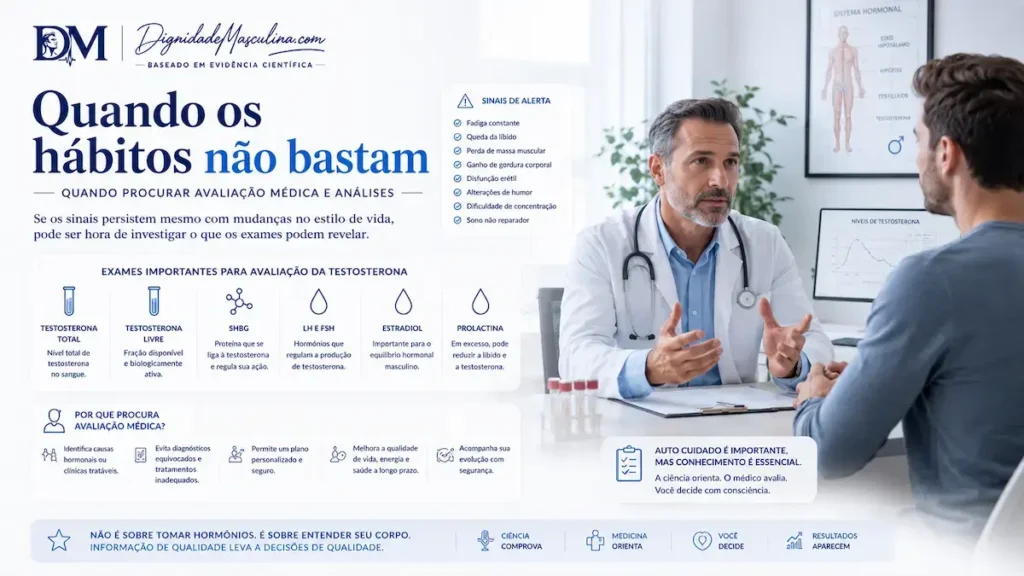 Homem em consulta médica para avaliação de testosterona.
'Um valor isolado nunca fecha o diagnóstico'