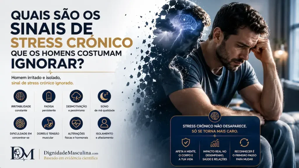 Homem pensativo. irritado e isolado, sinal de stress crónico ignorado.