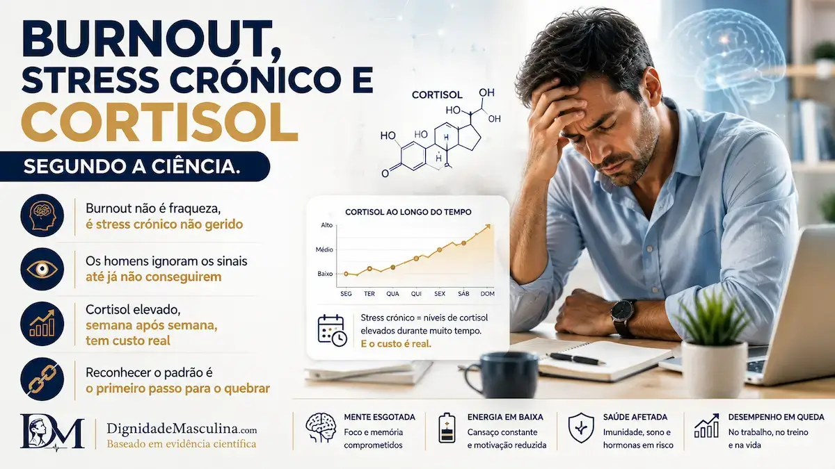 Homem exausto no escritório com sinais de burnout e stress crónico