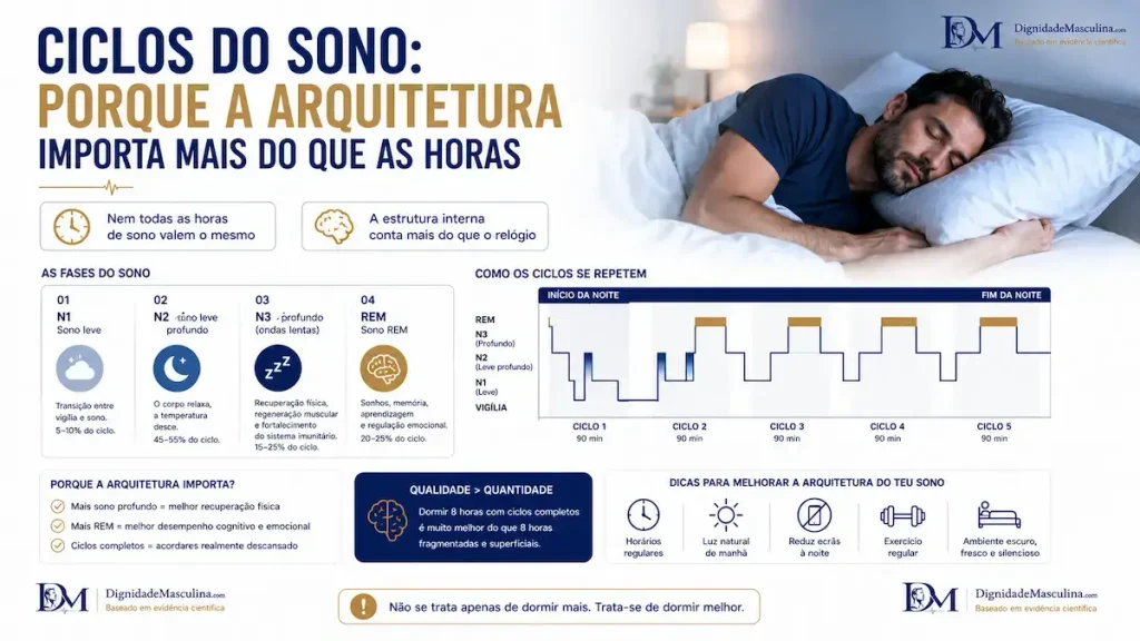 Ciclos e fases do sono, sono profundo e REM ao longo da noite
