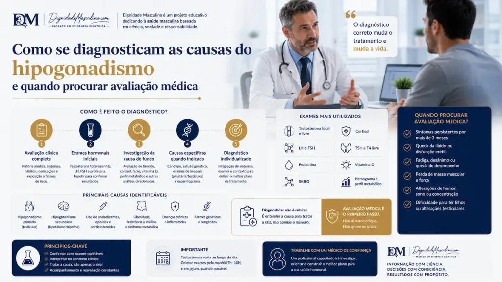 Diagnóstico das causas do hipogonadismo, análises e avaliação médica.