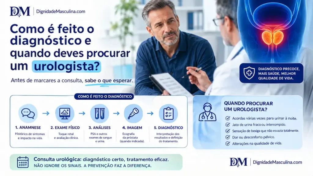 Consulta com urologista para diagnóstico de próstata aumentada.