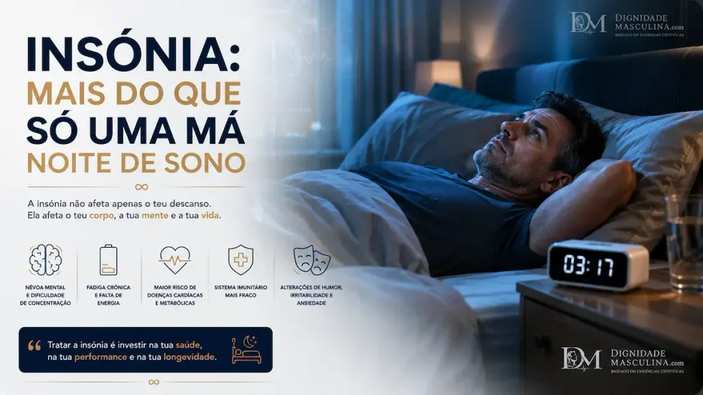 Homem acordado na cama durante a madrugada, sinal de insónia