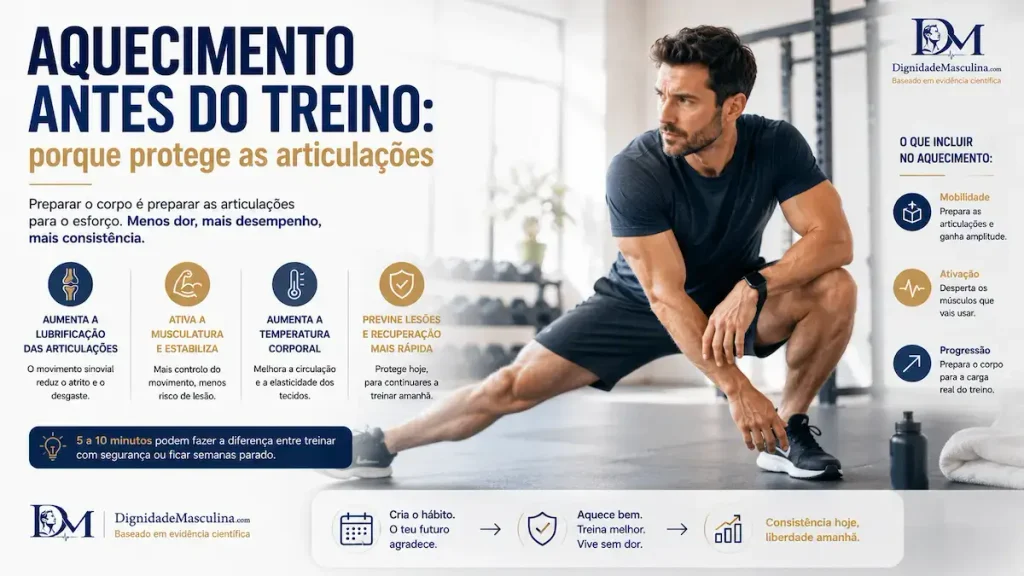 Homem a fazer aquecimento antes do treino de força para proteger as articulações, protegendo-se de eventuais dores articulares.