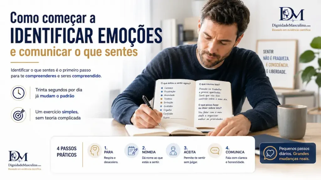 Homem a escrever sobre as suas emoções, exercício prático de identificação emocional.