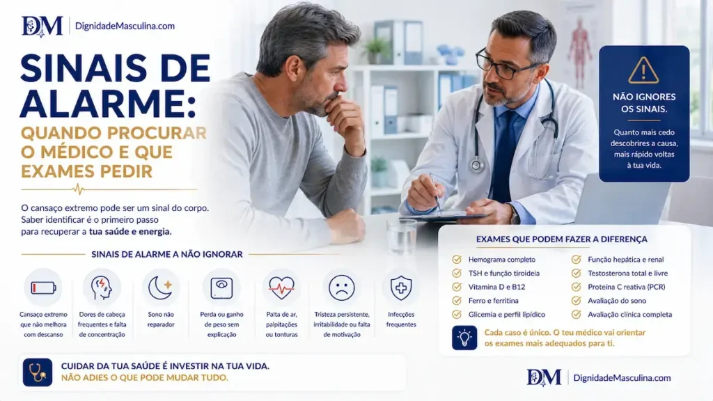 Homem em consulta médica a discutir sinais de alarme associados a cansaço extremo