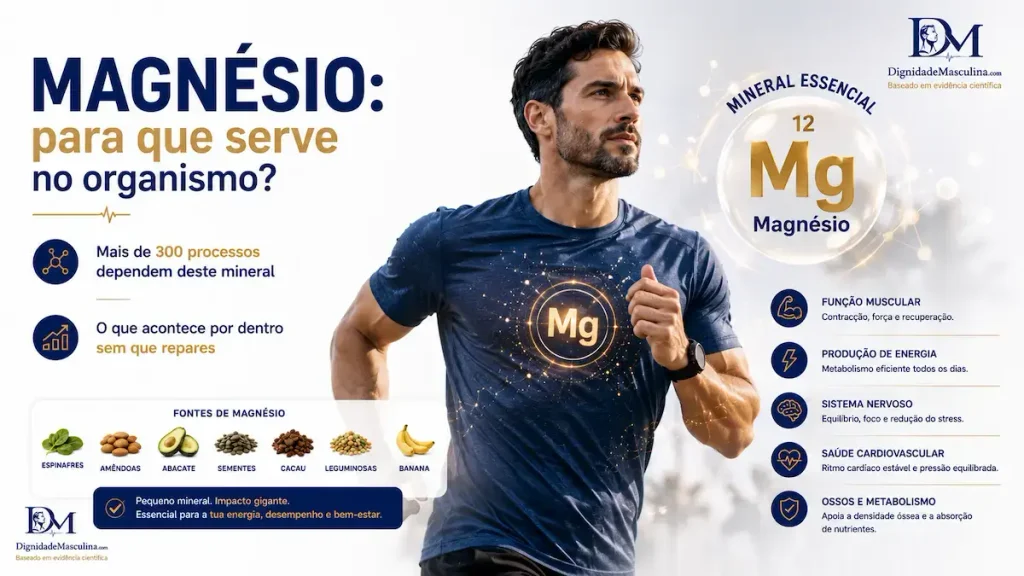 Homem activo, magnésio essencial para função muscular e energia.