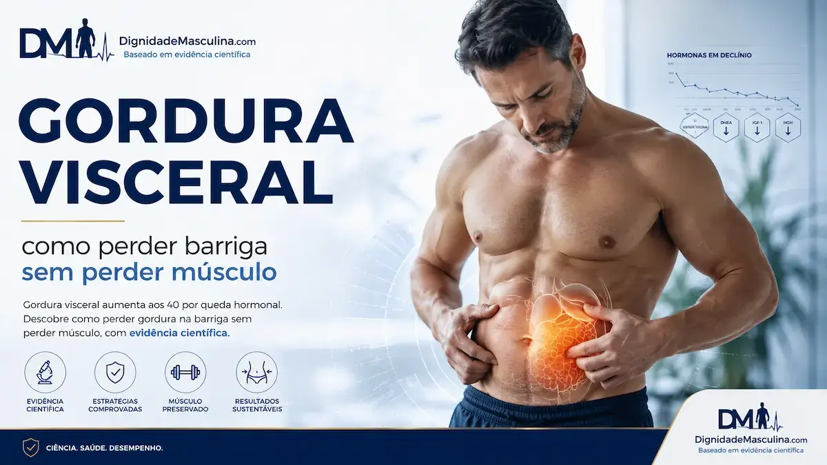 Homem com gordura visceral na barriga aos 40 anos, ilustrando o tema do artigo.