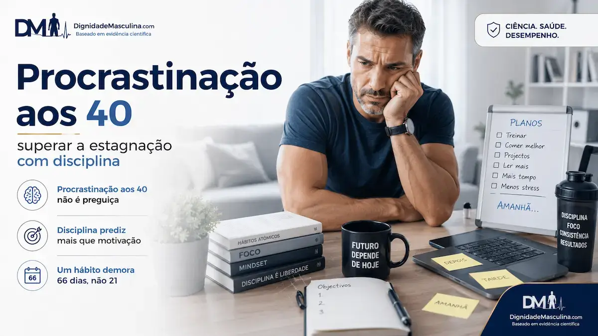 Homem a lidar com procrastinação e estagnação aos 40 anos.