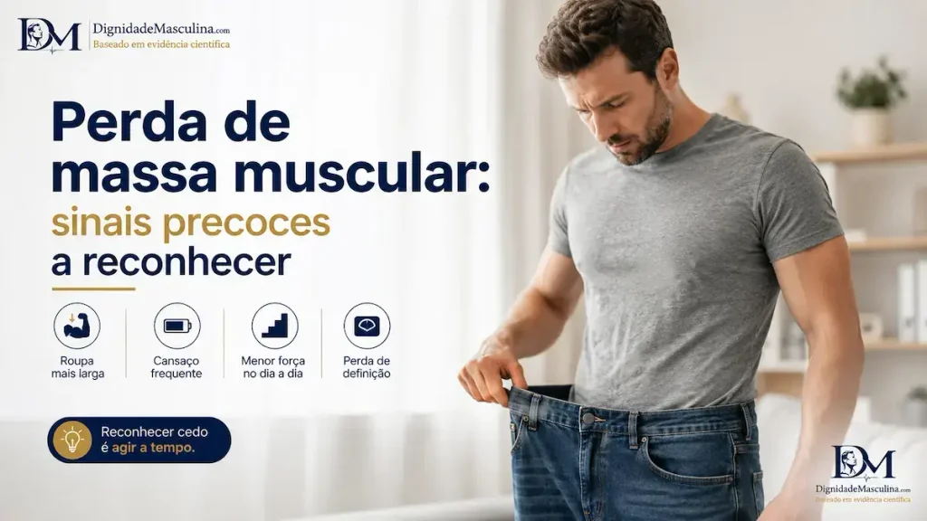 Homem a notar roupa mais larga, sinal precoce de perda de massa muscular