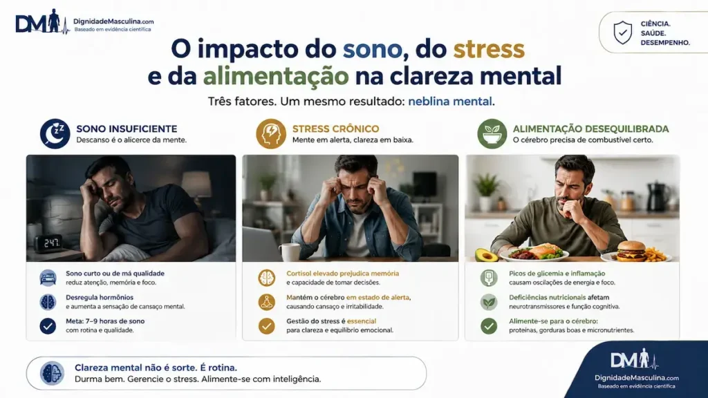 Sono, stress e alimentação como causas de neblina mental (brain fog).