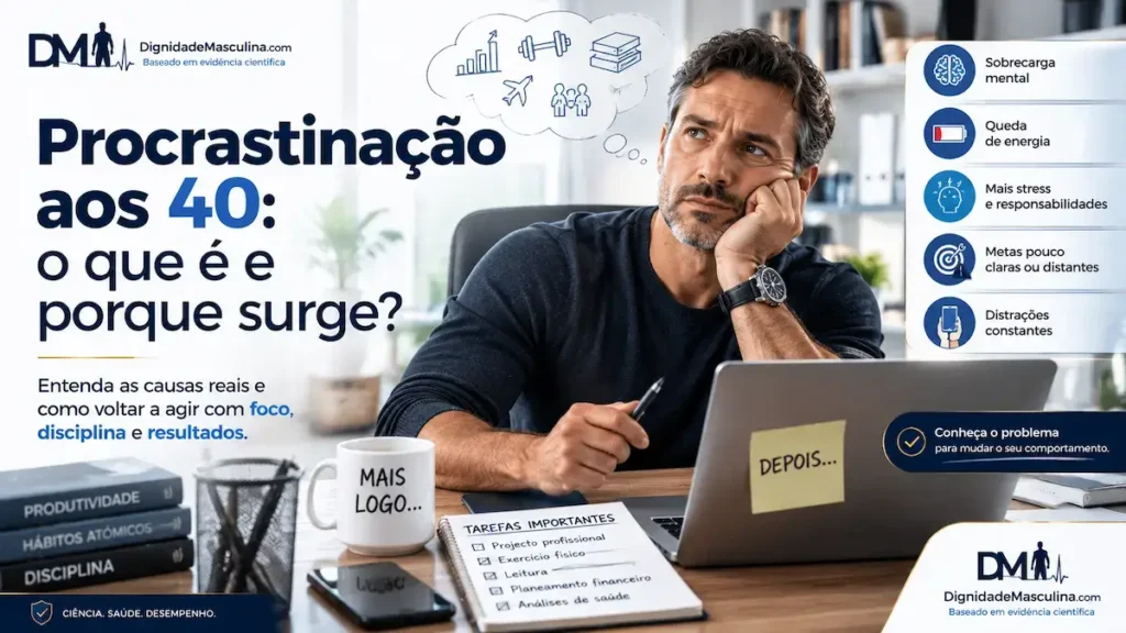 Homem a adiar uma tarefa importante à secretária, sinal de procrastinação
