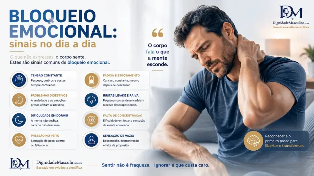Homem com tensão física, sinal comum de bloqueio emocional