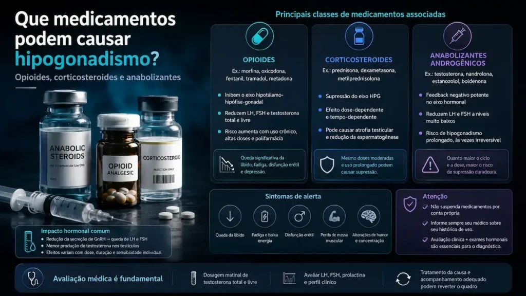 Medicamentos associados a hipogonadismo e queda de testosterona.
