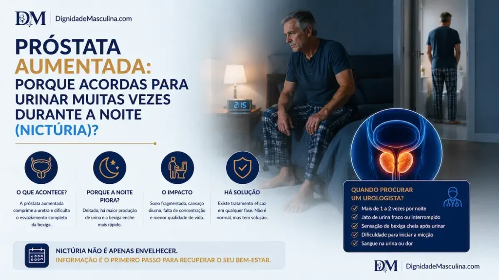 Homem acordado de noite devido a nictúria causada por próstata aumentada.