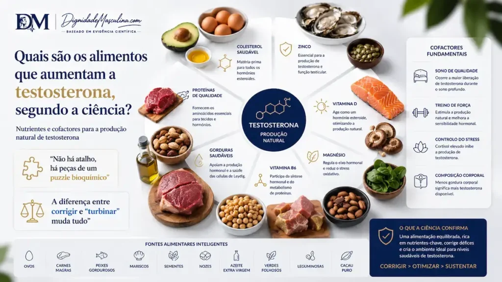Nutrientes e cofactores para a produção natural de testosterona.
'Não há atalho, há peças de um puzzle bioquímico' 'A diferença entre corrigir e "turbinar" muda tudo'