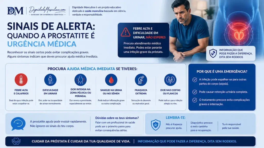 Sinais de alerta de prostatite que exigem urgência médica.