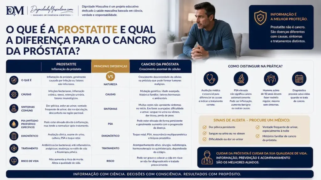 Diferença entre prostatite e cancro da próstata explicada.
