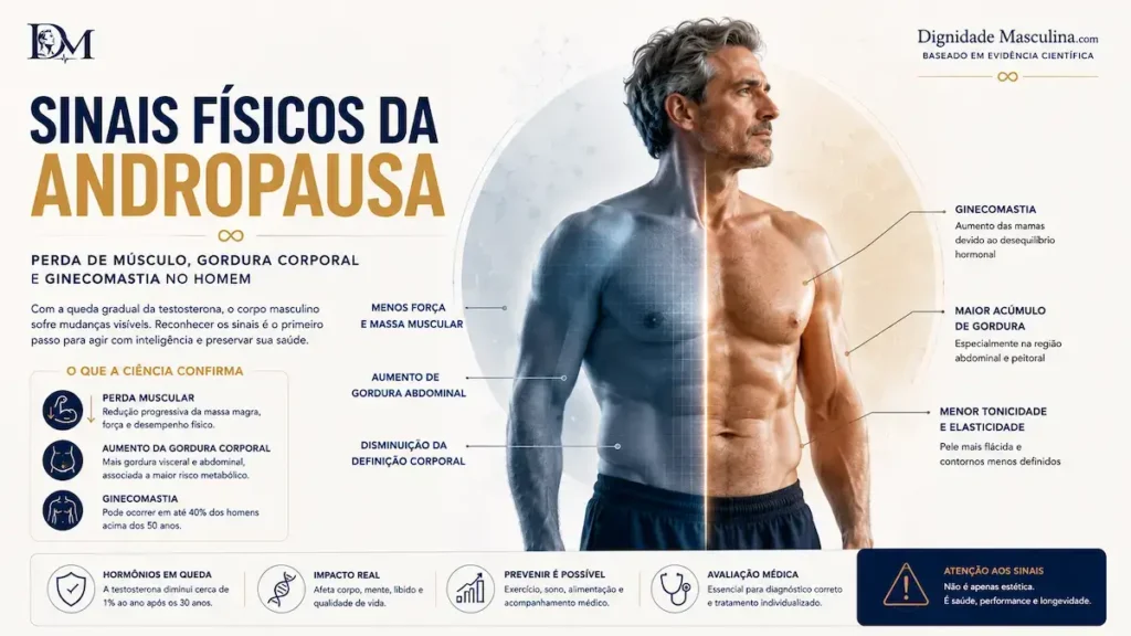 Sinais físicos da andropausa, perda muscular e gordura corporal
