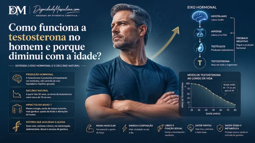 Eixo hormonal e declínio da testosterona com a idade.
'Parte da queda é biologia, parte está nas tuas mãos'