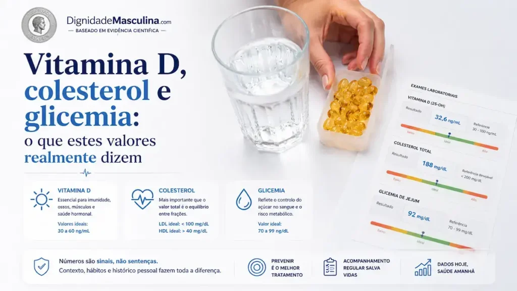 Resultados de exames de vitamina D, colesterol e glicemia