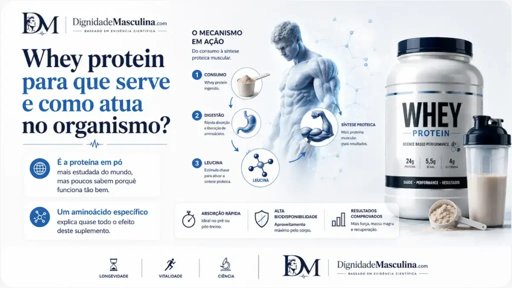 Whey protein mecanismo, leucina e síntese proteica muscular.