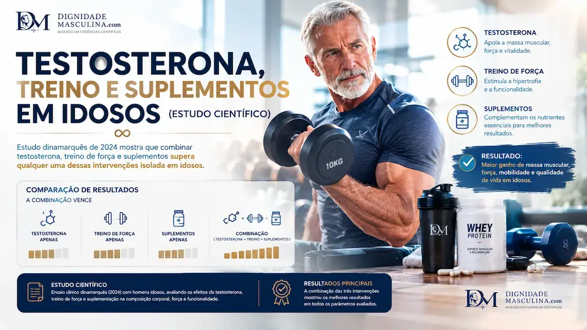 Homem mais velho a treinar força, testosterona e suplementação combinadas